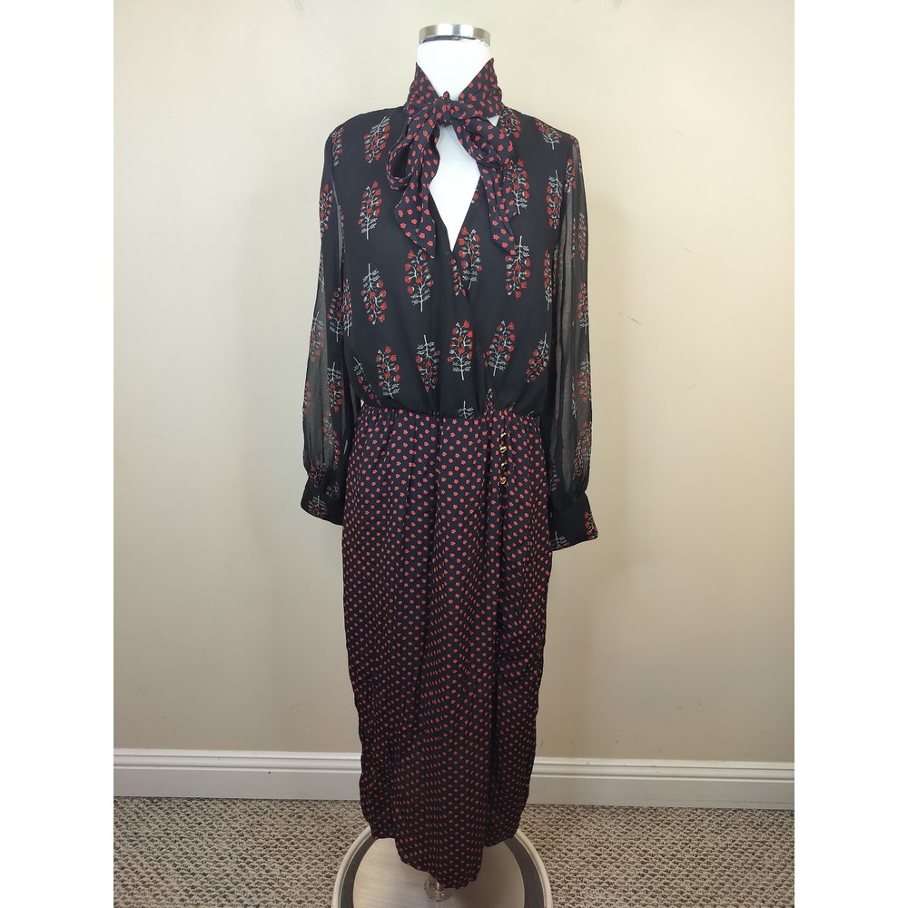 River Island Floral Maxi Dress 14 Faux Wrap Tie Neck Sheer Chiffon Heart Button
